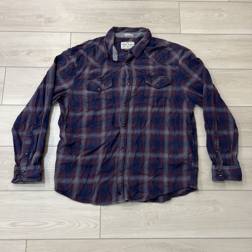 Cody James Western Pearl Snap Long Sleeve Plaid‎ Dark Blue Gray Pocket Shirt XL